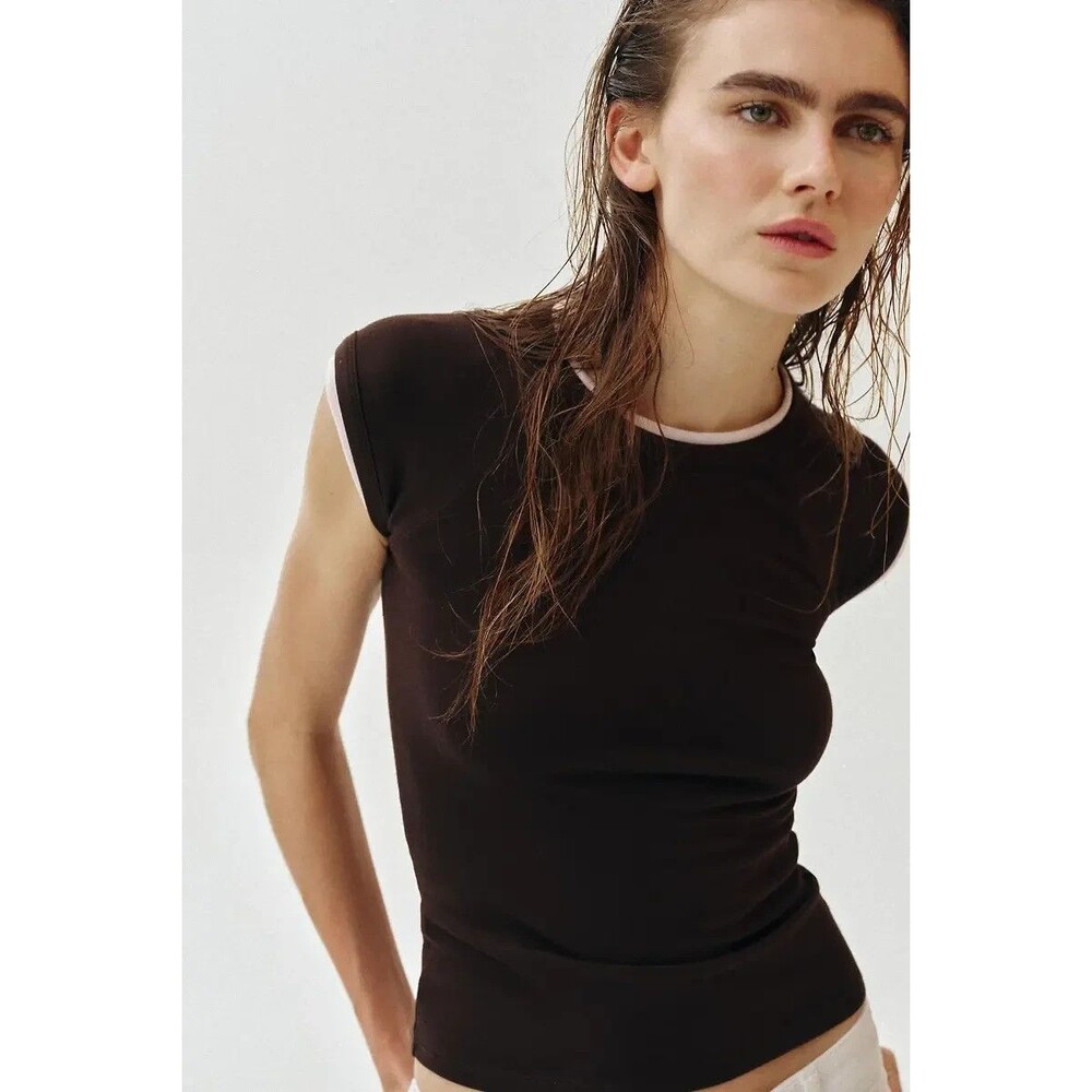 Zara Double Effect Short Sleeve T-Shirt Women Small Brown Pink Trim Casual